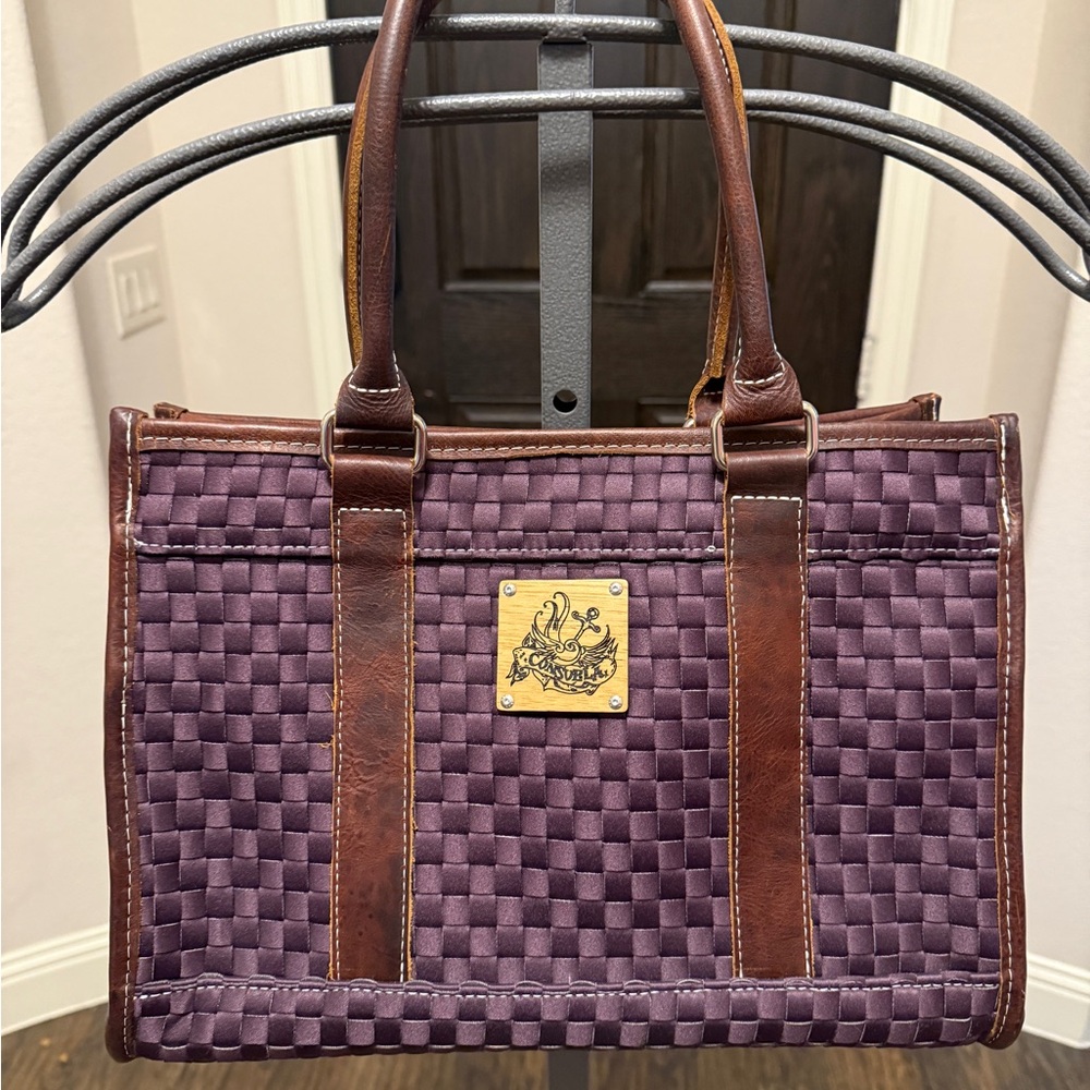 NWOT Consuela Vintage Purple Woven Handbag/Tote with Brown Leather Trim